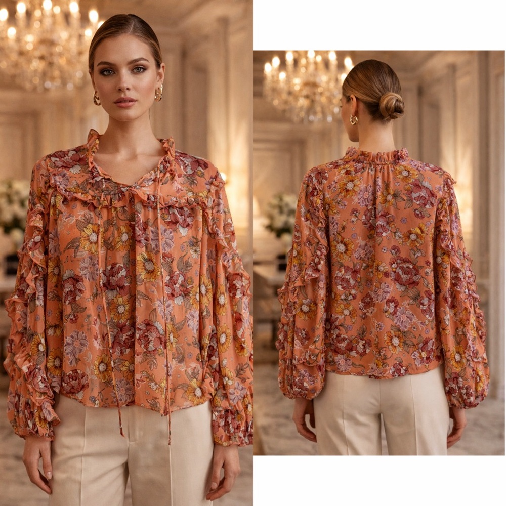 Ces Femme Boho Floral Print Ruffle Tassel Top - Picture 2 of 3